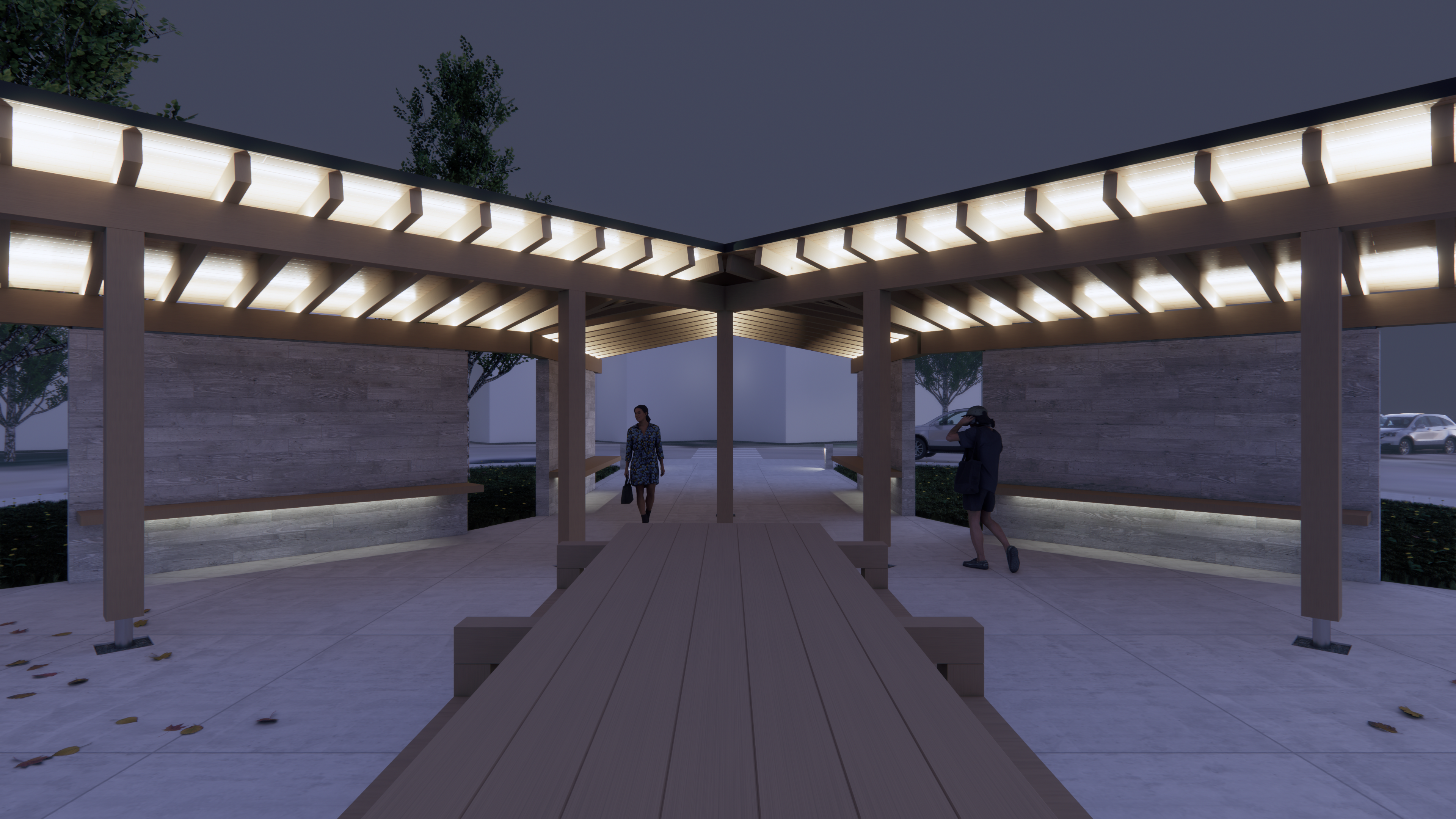 Night rendering of the Legacy Pavilion roofline with mountain views beyond