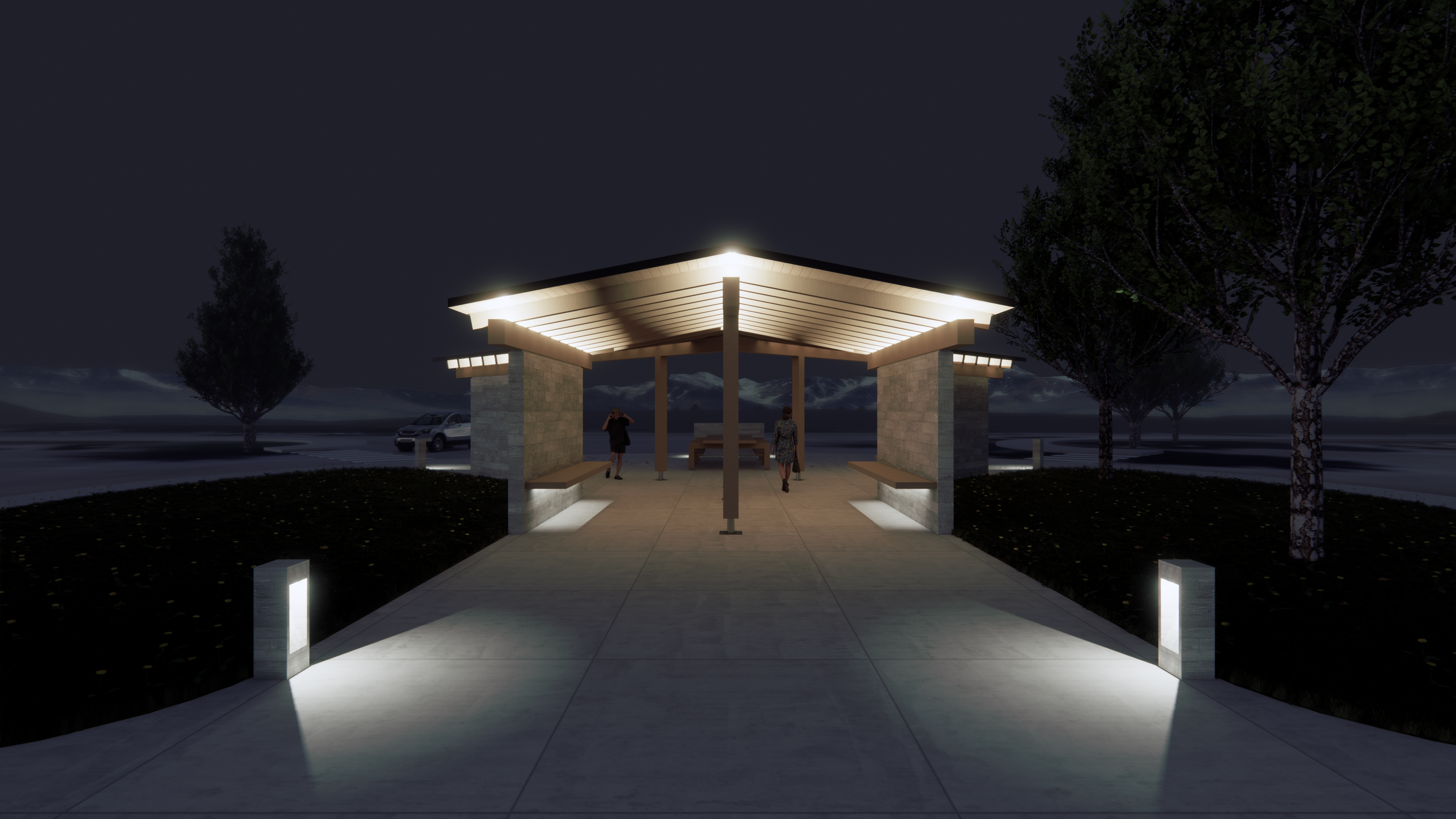 Rendering of the Legacy Pavilion seating and walkway at the Queen Victoria Hospital entrance, lit at night